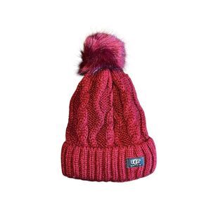 Ugg Cable Knit Beanie With Pom Pom red maroon Faux Fur Lined hat